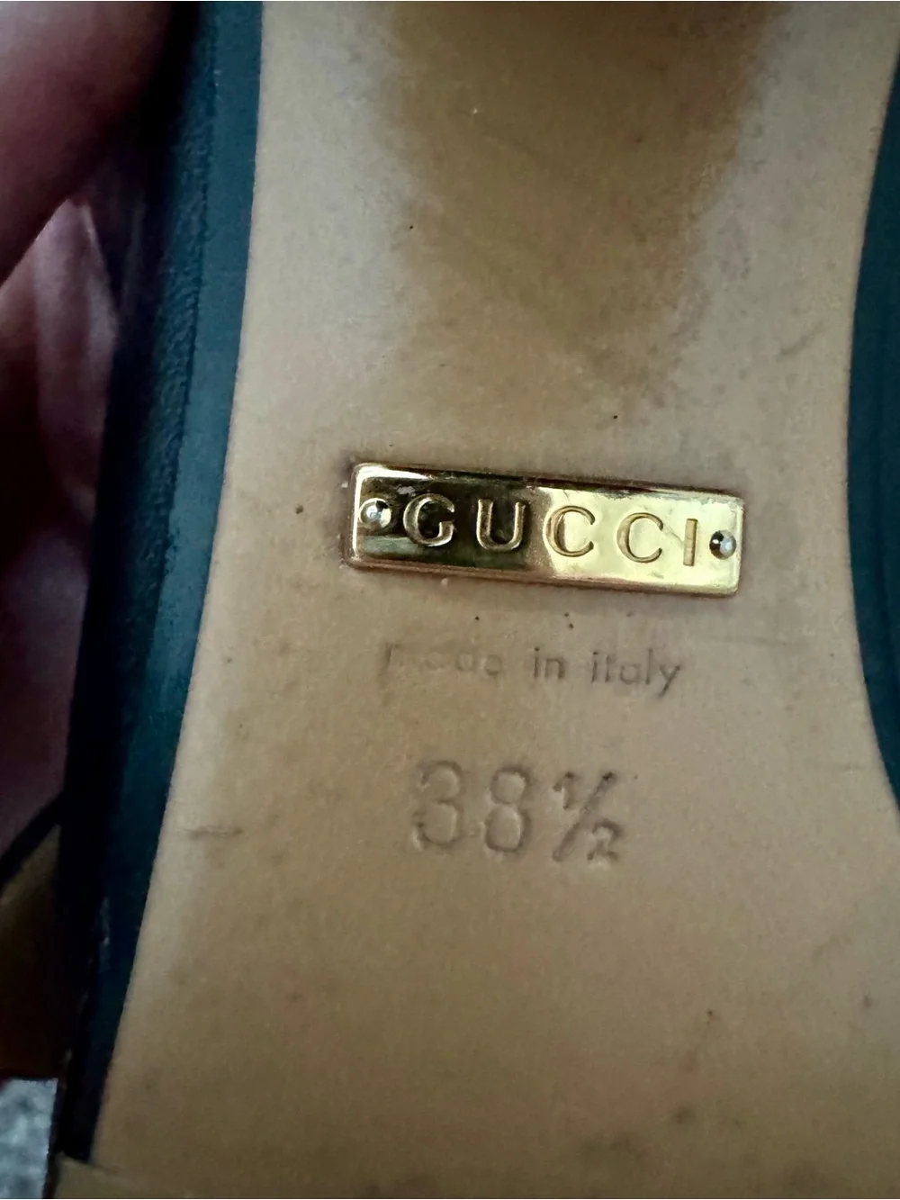 Authentic Gucci Peyton Black Leather Loafers with Red Stripe and Pearls